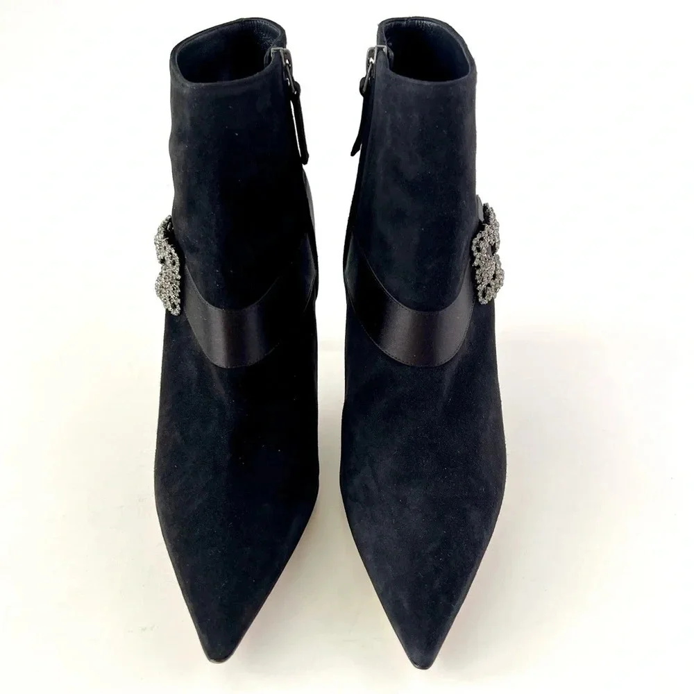 New MANOLO BLAHNIK Plinianu Black Suede Jewel Buckle Pointed Ankle Boots EU 40.5
